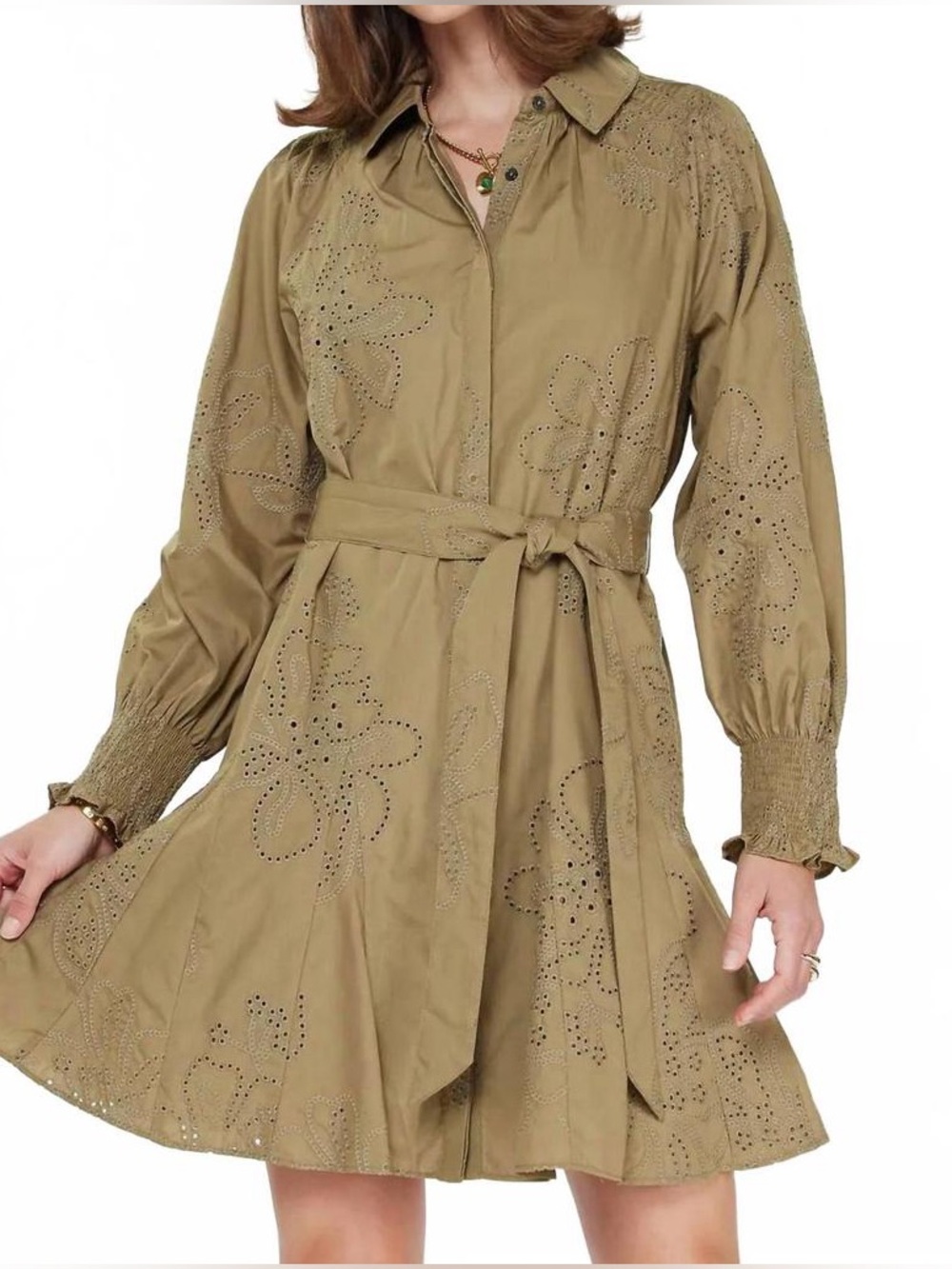 CURRENT AIR Floral Eyelet Mini Dress In Olive Green Cotton Size Small